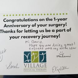 Village Physical Therapy - Congrats card received 7/28/22