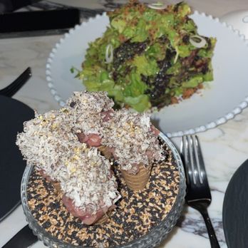 Giselle Miami - Blue fin tuna cones with truffle and 24k gold flakes and the green goddess salad!! So amazing!! - Mediterranean Near Me - Miami, Florida Giselle Miami - Blue fin tuna cones with truffle and 24k gold flakes and the green goddess salad!! So amazing!! - Mediterranean Near Me - Miami, Florida