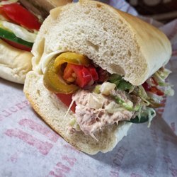 Jimmy John's - #15 Club Tuna w/ Provolone, Cucumber, Lettuce, Tomato add Hot Peppers.