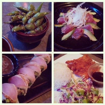 Sushi Lounge - Poway - Garlic edamame (free with yelp check-in!), pepper seared ahi, the tsunami roll, and chicken katsu. - Sushi Bars Near Me - Poway, California