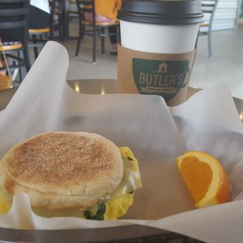 Gladly Coffee - Spinach, egg and cheese breakfast sandwich with a caramel hazelnut macchiato. - Coffee & Tea Near Me - Spring Valley, California
