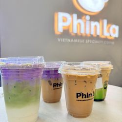 Phin La - Left to right Ube Matcha Latte- Ube cream coffee- Phin condensed milk coffee- Pandan Coconut Latte