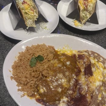 Super Mex - #23 "spicy" chile relleno, red enchilada, potato taco, chicken taco with rice and beans - Mexican Near Me - Whittier, California Super Mex - #23 "spicy" chile relleno, red enchilada, potato taco, chicken taco with rice and beans - Mexican Near Me - Whittier, California