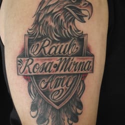 Gold Standard Tattoo - Black and grey eagle with names by Dirk Spece