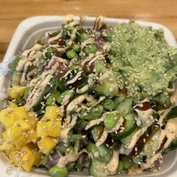 Tuna bowl w/ rice, cilantro, cucumber, edamame, cilantro lime mayo, guac, mango, Eel sauce & spicy mayo Tuna bowl w/ rice, cilantro, cucumber, edamame, cilantro lime mayo, guac, mango, Eel sauce & spicy mayo