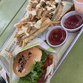 BurgerFi - BurgerFi Bacon Cheeseburger and frys with parmesan - Burgers Near Me - Aventura, Florida