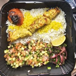 Kabob Spot - Chicken Kabob with rice, grilled tomato & salads!