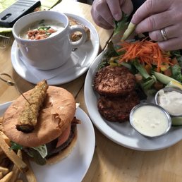 GF burger w/in house natural fries, seafood chowder and crab cakes. GF burger w/in house natural fries, seafood chowder and crab cakes.