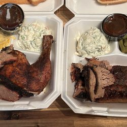 Heavenly Q - 3 meat  plate, brisket, chicken & sausage with creamed corn & potato salad. 2 meat plate with ribs & brisket, green beans & potato salad.