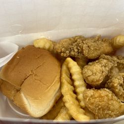 Milner's Dairy Delight - Three tender snack -- tenders, fries, roll, and sauce.  More fries than the photo makes it look like!  Affordable, quick lunch.