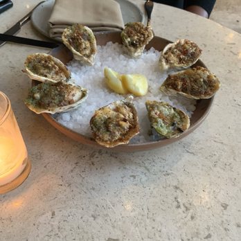 Manuela - Barbecued Oysters, Green Garlic Butter, Preserved Lemon Breadcrumbs, Parmesan - New American Near Me - Los Angeles, California Manuela - Barbecued Oysters, Green Garlic Butter, Preserved Lemon Breadcrumbs, Parmesan - New American Near Me - Los Angeles, California