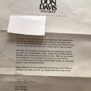 Don Davis Dodge - Letter received thanking me for purchasing the car I didn't purchase. - Auto Repair Near Me - Arlington, Texas Don Davis Dodge - Letter received thanking me for purchasing the car I didn't purchase. - Auto Repair Near Me - Arlington, Texas