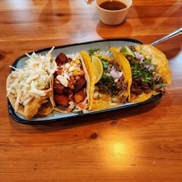 Barria taco, sweet potato taco, fish and chips taco
