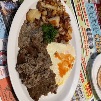 Mickeys Restaurant - Scrapple, Eggs, Home fries.  Hot sauce on eggs - Breakfast & Brunch Near Me - Fort Pierce, Florida