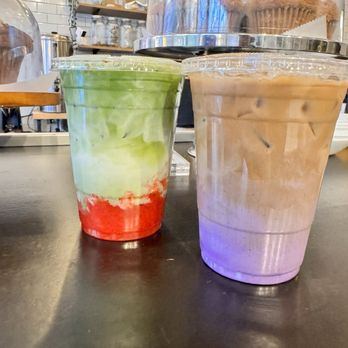 Phinista - Iced Strawberry Matcha Latte + ICED Phin Ube - Creperies Near Me - Boston, Massachusetts