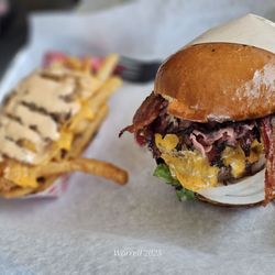 Bunz Burger - Double cheeseburger with bacon and pastrami loaded fries with cheese diced oninions