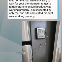 Cristo Appliances - Picture showing internal temp 43° refrigerator was not hitting temperature. A  REFRIGERATOR TECHNICIAN did not have temp device.