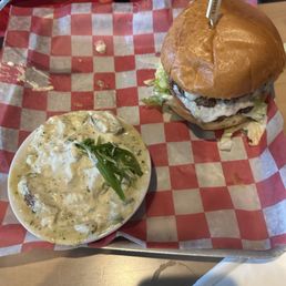 Burger and blue cheese, potato salad