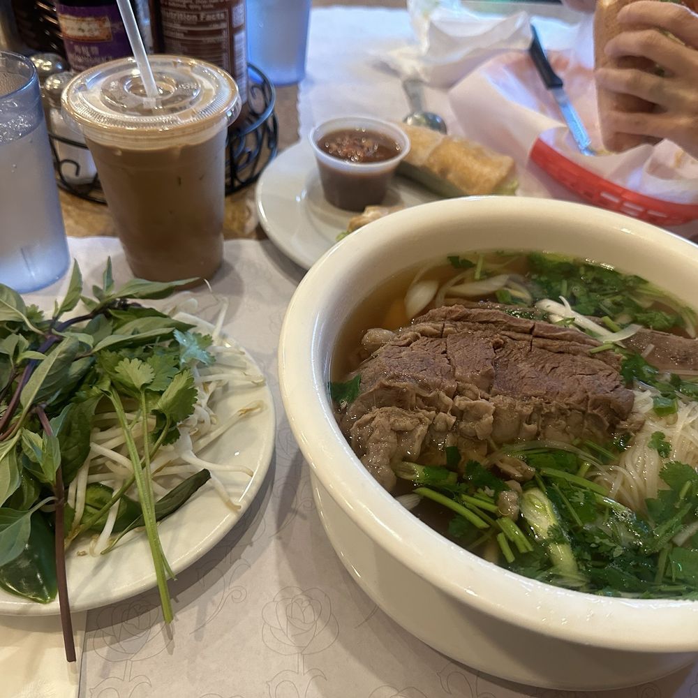 Com Tam Thanh - Pho Suon Bo and Vietnamese coffee (center), raw spring rolls(top). - Vietnamese Near Me - Newark, California Com Tam Thanh - Pho Suon Bo and Vietnamese coffee (center), raw spring rolls(top). - Vietnamese Near Me - Newark, California