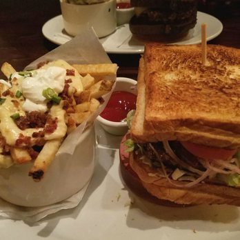 Lucky Monk - Burger with 2 bacon grilled cheese sandwiches for a "bun" and the loaded fries - American Near Me - Barrington, Illinois Lucky Monk - Burger with 2 bacon grilled cheese sandwiches for a "bun" and the loaded fries - American Near Me - Barrington, Illinois