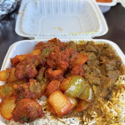 Lamb Curry, rice, chicken chili. Lamb Curry, rice, chicken chili.