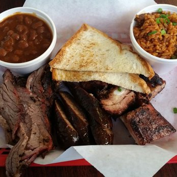 Ray's Real Pit BBQ Shack - 3 meat plate (brisket, sausage, rib tips) with beans and spicy rice - Barbeque Near Me - Houston, Texas