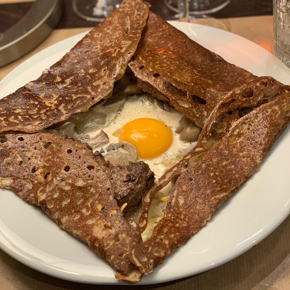 Burger, mushroom, egg savory crepe Burger, mushroom, egg savory crepe