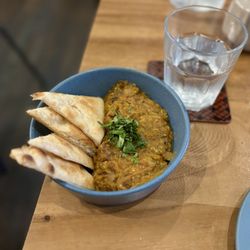 The Verandah Kitchen in Hampden - Baingan Barta (eggplant spread) with pita and iced tea