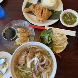 MaiYaj Asian Bistro - Chicken pho, fried chicken, and gyoza (some are eaten )