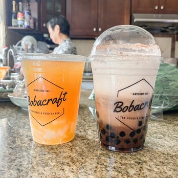 Bobacraft Cafe - peach green tea with lychee jelly and dirty milk tea with boba - Bubble Tea Near Me - Alhambra, California Bobacraft Cafe - peach green tea with lychee jelly and dirty milk tea with boba - Bubble Tea Near Me - Alhambra, California