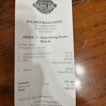 Balance Rock Eatery & Pub - receipt - New American Near Me - Helper, Utah
