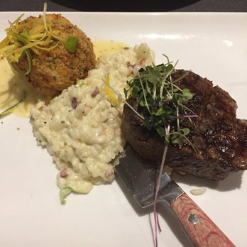 Webb Custom Kitchen - Crab cake with petite sirloin and blue cheese and pancetta risotto - New American Near Me - Gastonia, North Carolina Webb Custom Kitchen - Crab cake with petite sirloin and blue cheese and pancetta risotto - New American Near Me - Gastonia, North Carolina