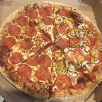 Domino's Pizza - 4 Topping Large: Left side pepperoni & Right side pepperoni, tomatoes, mushrooms and banana peppers. - Pizza Near Me - Vancouver, British Columbia Domino's Pizza - 4 Topping Large: Left side pepperoni & Right side pepperoni, tomatoes, mushrooms and banana peppers. - Pizza Near Me - Vancouver, British Columbia