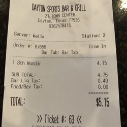 Dayton Sports  Bar N Grill - Bar tab