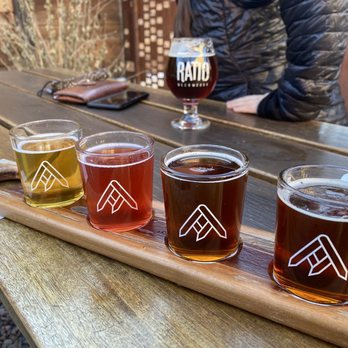 Ratio Beerworks - Beer flight L to R: Smoke Signals, Roots Radical, Copper & Stars, Hold Steady - Breweries Near Me - Denver, Colorado Ratio Beerworks - Beer flight L to R: Smoke Signals, Roots Radical, Copper & Stars, Hold Steady - Breweries Near Me - Denver, Colorado