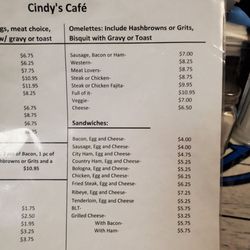 Cindy's Cafe - Menu as of 9-24-22
