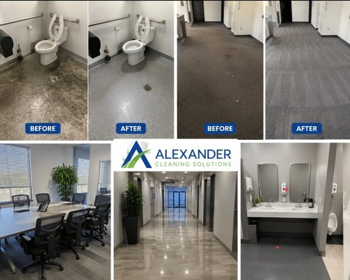 Commercial Cleaning Services - At Alexander Cleaning Solutions, we specialize in comprehensive commercial cleaning services that ensure your business environment is not just clean—but truly inviting. With years of experience serving offices, retail spaces, medical facilities, and more, our highly trained team delivers:

Consistent, reliable cleaning scheduled to your needs
Eco-friendly products and practices
Attention to detail for high-traffic & sensitive areas
Flexible services: daily, nightly, weekly, or custom
Strict health & safety compliance

Our professional cleaners are background-checked, insured, and dedicated to making your workplace shine, so you can focus on what matters most—running your business.

Ready for a spotless transformation?
Contact us today for a free, no-obligation walkthrough and customized quote!