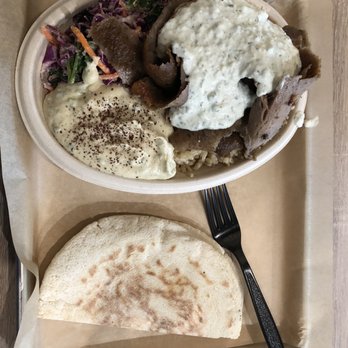 Yafa Hummus - Gyros Brown Rice Bowl with Hummus, Kale Slaw, Tzatziki, and Pita (5 stars) - Mediterranean Near Me - Dublin, California