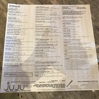 Juju - menu- notice the difference in price on the menu items - Tapas/Small Plates Near Me - Durham, North Carolina Juju - menu- notice the difference in price on the menu items - Tapas/Small Plates Near Me - Durham, North Carolina
