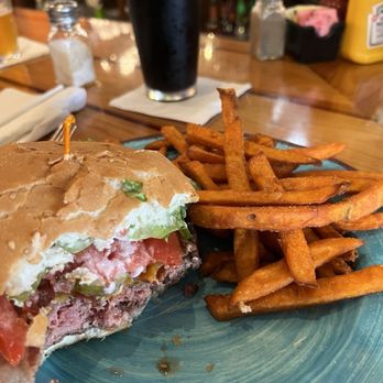 Brogen's North - Medium rare bacon cheeseburger with sweet potato fries! - American Near Me - St. Simons, Georgia