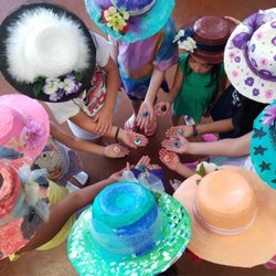 It's ART Time! - Tea Party Summer ART Camp! Pretty papier maché tea party hats and clay tea cup and saucer beads for dress up necklaces!