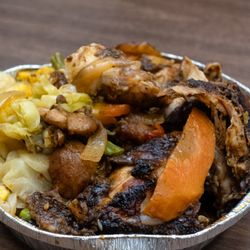 Island Choiz - Jerk Chicken Meal, Medium: $14. Shown with yellow rice, cabbage, plantains. Take-out.