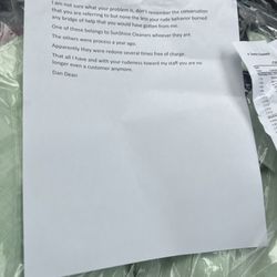 Destin Cleaners - Destin Cleaners letter from owner, Dan Dean, refusing to fix/replace 6 custom tailored shirts/slacks he damaged during cleaning.