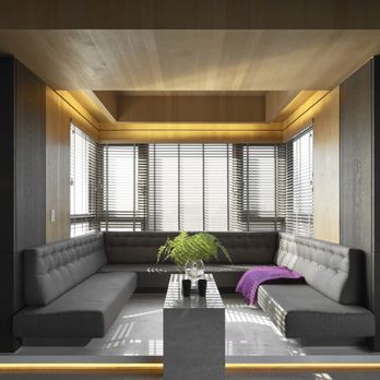 Myers Industries - Simple horizontal blinds for light control as the sun sets. - Interior Design Near Me Myers Industries - Simple horizontal blinds for light control as the sun sets. - Interior Design Near Me