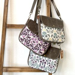 Heidi West Designs - 3 satchels shown with Lotus and Fireflies, Pink Hummingbirds and Oregon Wildflowers prints
