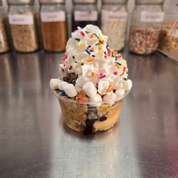 Peanut butter paradise cookie dough with chocolate ice cream, whip and marshmallow
