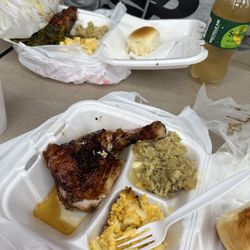 Mom's Home Cooking - Jerk bbq chicken Mac and dressing. Almost gone, the portions were good!!