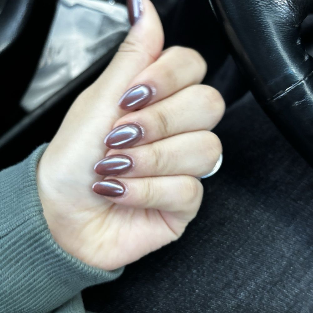 Kim Nails Lounge - Brown with chrome topping almond shape nails - Waxing Near Me - Portland, Oregon