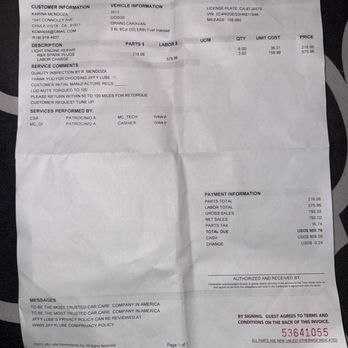 Jiffy Lube - My receipt they say is a full tune up but only spark plugs were replaced. - Auto Repair Near Me - San Diego, California Jiffy Lube - My receipt they say is a full tune up but only spark plugs were replaced. - Auto Repair Near Me - San Diego, California