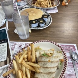 Littleton pancake, buffalo chicken wrap